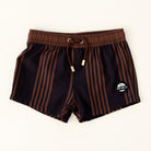 Espresso colored Trendy swim shorts with an elastic waistband and drawstring, made from quick-drying fabric. Ideal for swimming, beach trips, and outdoor activities. Features vibrant patterns and a comfortable fit for active kids.