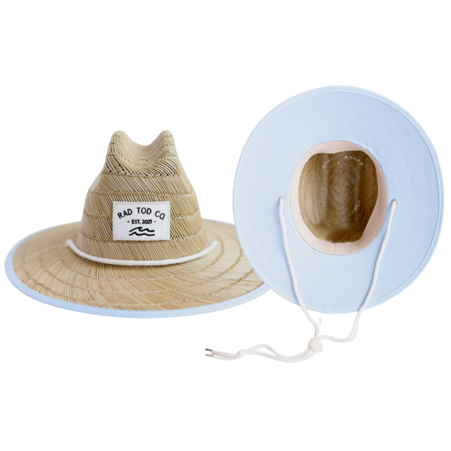 a plain blue color straw hat by Rad Toddler. Looks great for sun protection