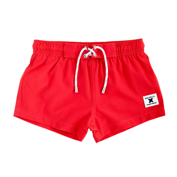 Stylish above the knee swim trunks for kids, toddlers, babies in a lifeguard red color