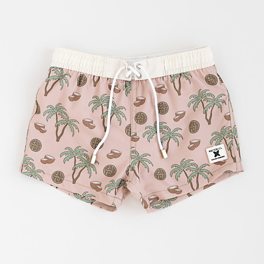 Stylish above the knee swim trunks for kids, toddlers, babies in a coconut tan pattern