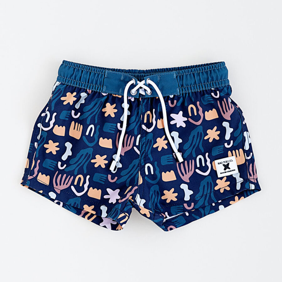 Stylish above the knee swim trunks for kids, toddlers, babies in a blue reef pattern