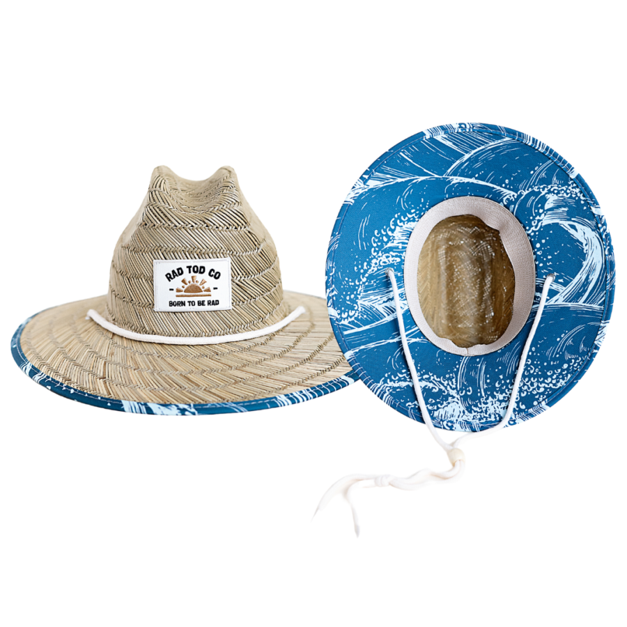 a blue waves pattern straw hat by Rad Toddler. The label says born to be rad