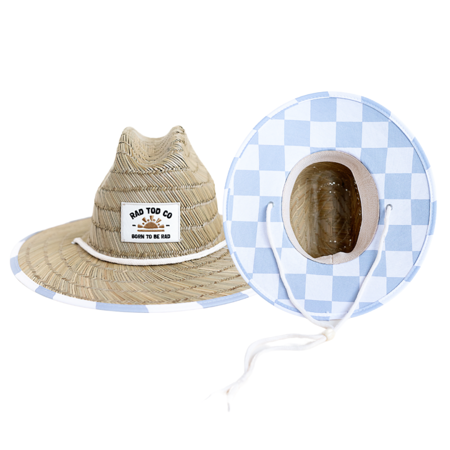a blue checker straw hat by Rad Toddler. The label says born to be rad